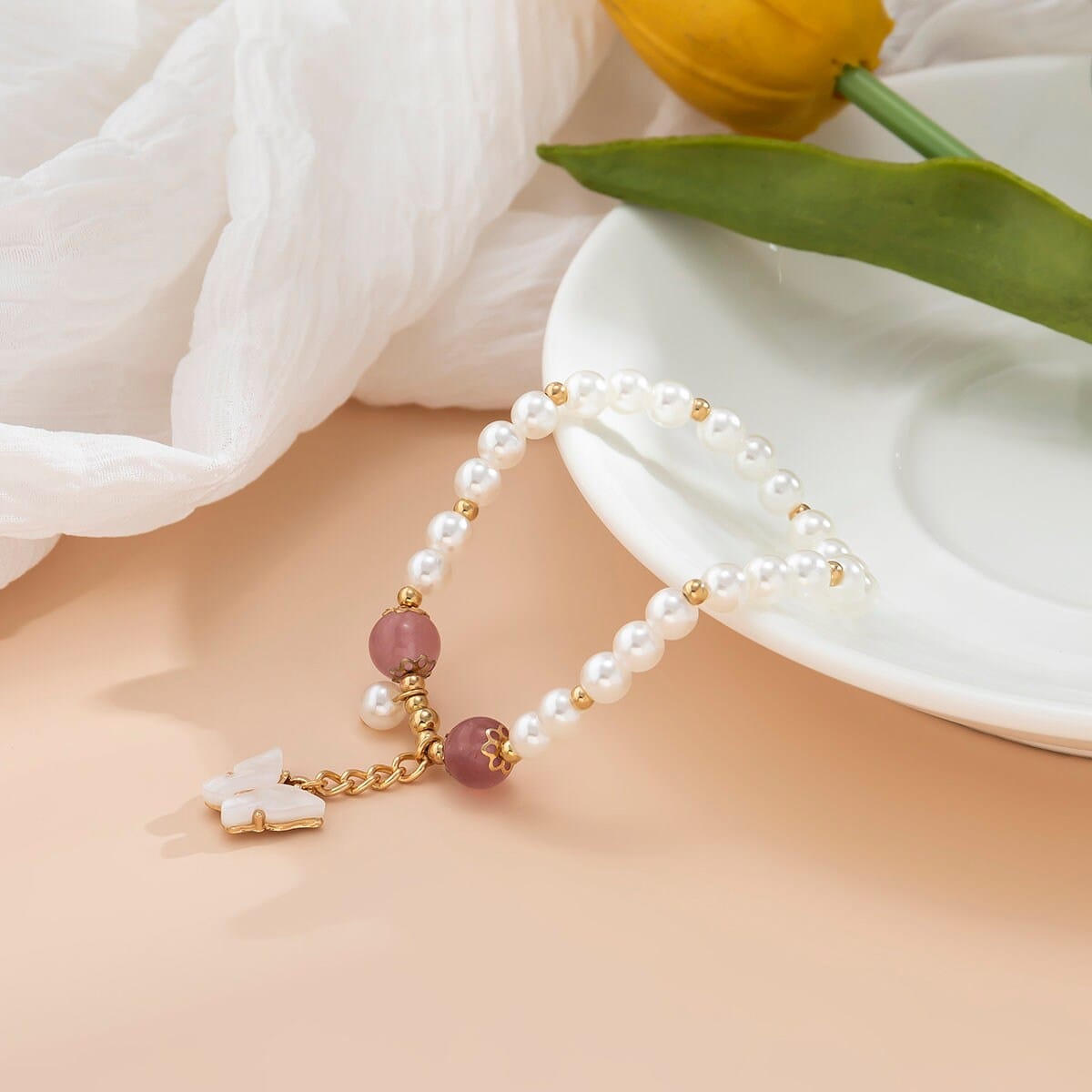 Boho Butterfly Charm Natural Crystal Pearl Chain Bracelet - ArtGalleryZen