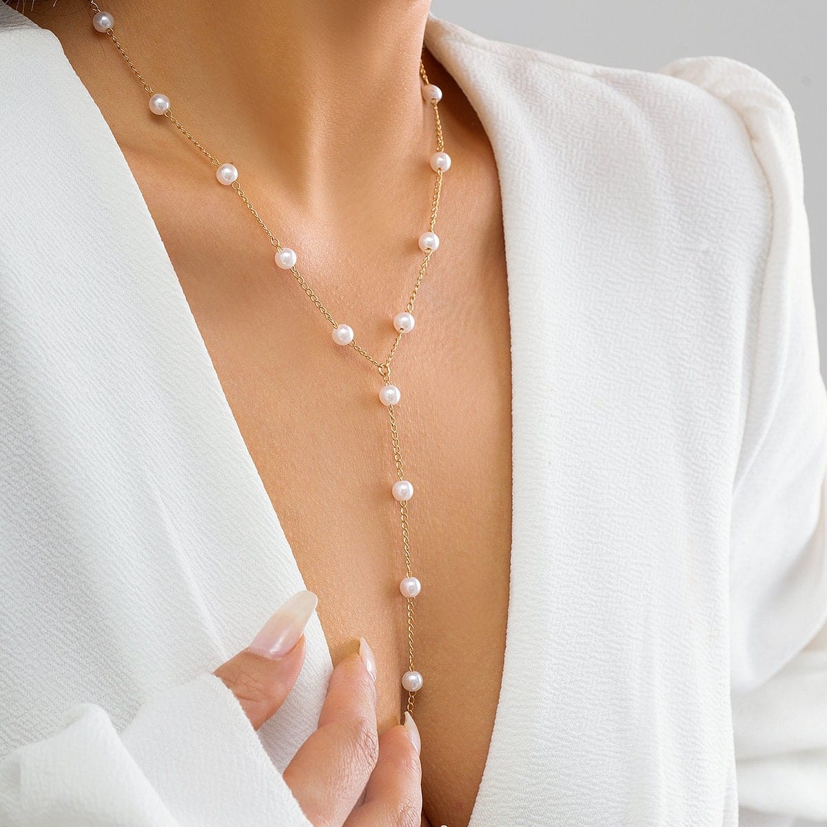 Boho Dainty Pearl Chain Y Necklace