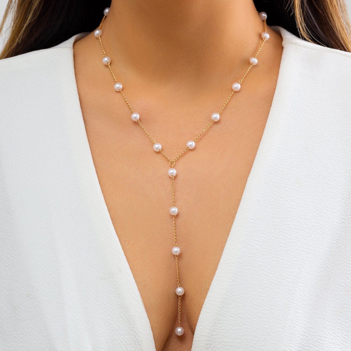Dainty Pearl and Diamond Shape Necklace Set – Vedern