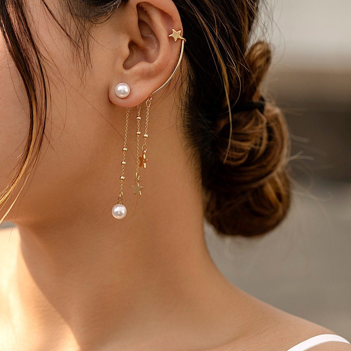 Boho Dangling Pearl Star Tassel Ear Wrap Stud Earring - ArtGalleryZen
