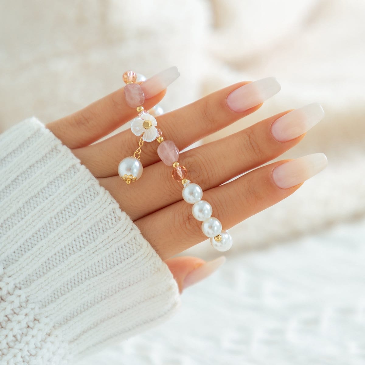 Boho Floral Charm Natural Crystal Pearl Chain Bracelet - ArtGalleryZen