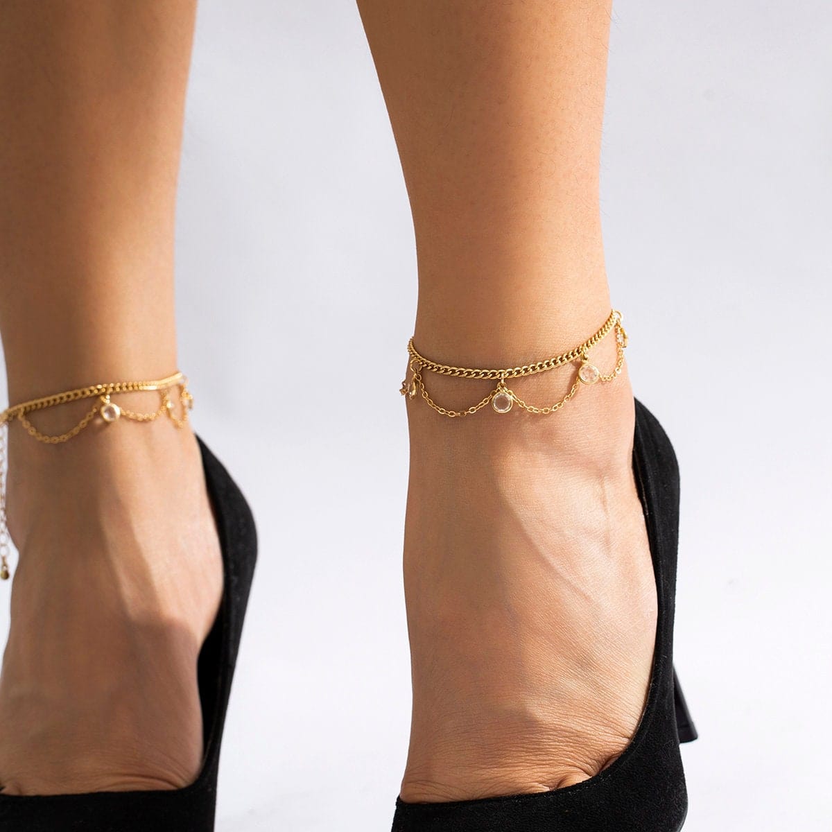 Boho Gold Silver Tone Crystal Inlaid Wave Tassel Anklet - ArtGalleryZen