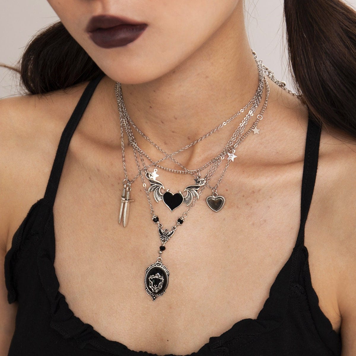 Black Chain Layered Necklace Set Goth Aesthetic Necklace 