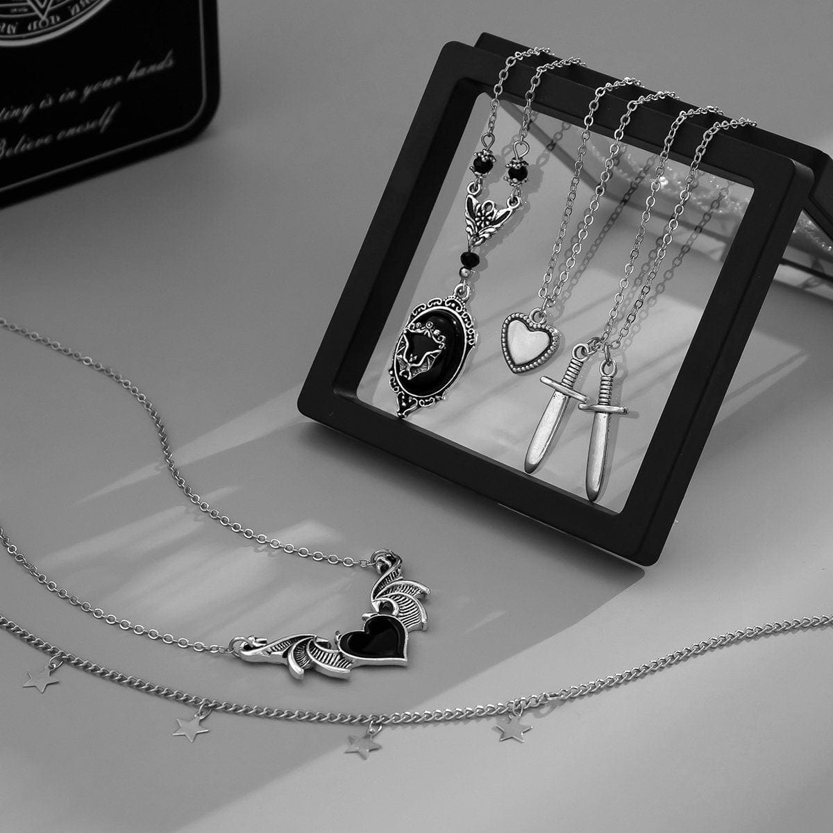 Boho Layered Antique Enamel Dagger Wing Heart Pendant Star Tassel Chain Necklace Set - ArtGalleryZen