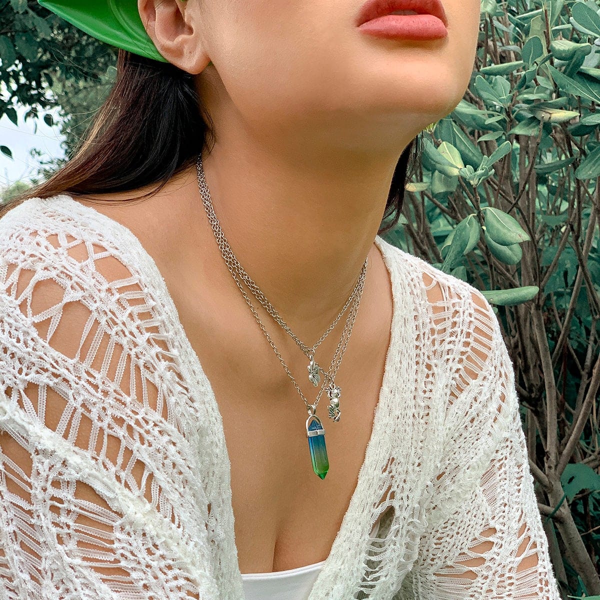 Boho Layered Healing Crystal Floral Frog Pendant Cable Chain Necklace Set - ArtGalleryZen