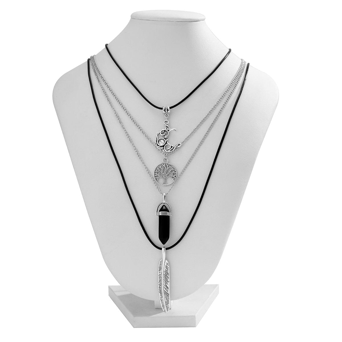 Boho Layered Natural Healing Crystal Family Tree Moon Feather Pendant Chain Necklace Set - ArtGalleryZen