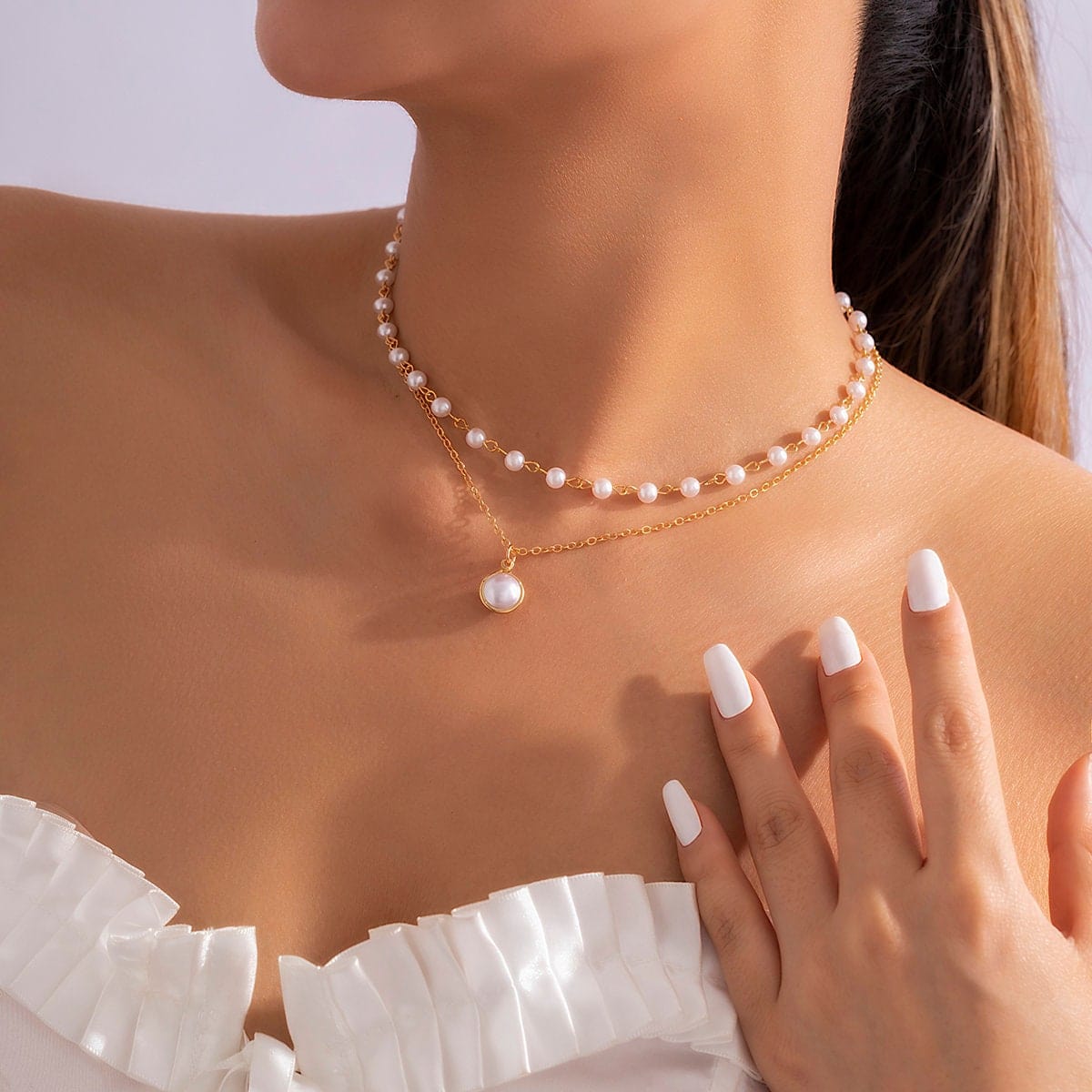 Boho Layered Pearl Pendant Cable Pearl Chain Choker Necklace Set - ArtGalleryZen