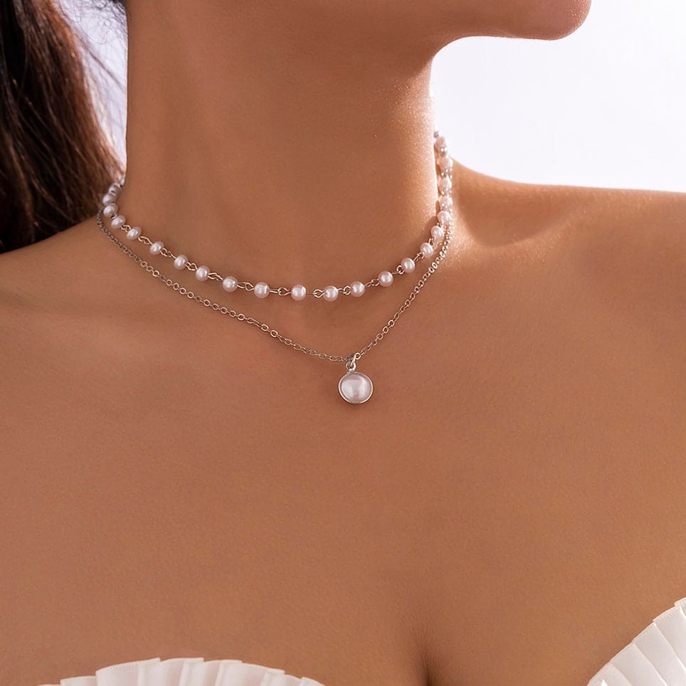 Boho Layered Pearl Pendant Cable Pearl Chain Choker Necklace Set - ArtGalleryZen