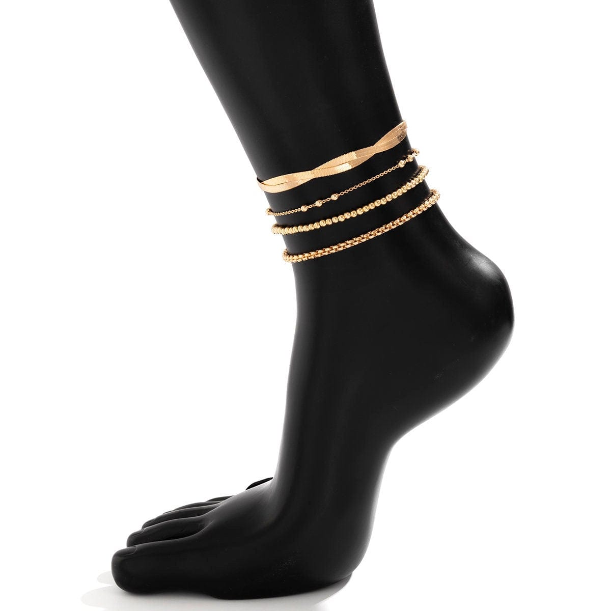 Boho Layered Specialty Ball Herringbone Chain Stackable Anklet Set - ArtGalleryZen
