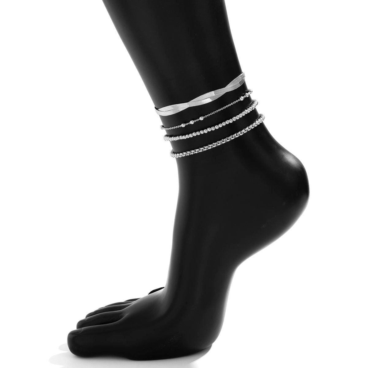 Boho Layered Specialty Ball Herringbone Chain Stackable Anklet Set - ArtGalleryZen
