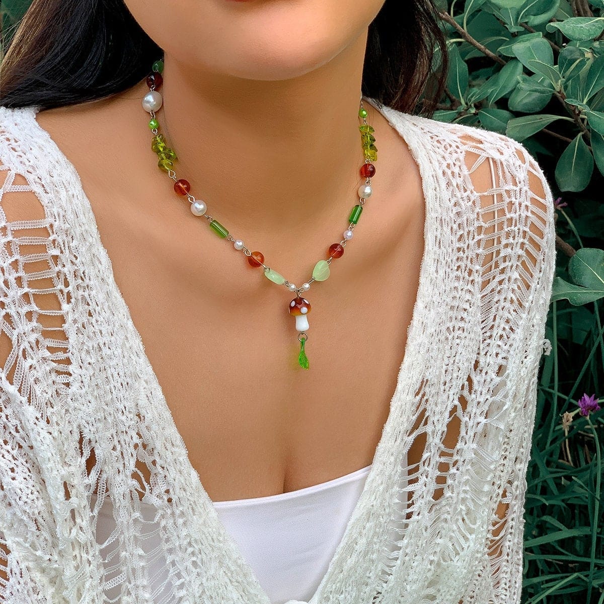 Boho Mushroom Leaf Pendant Coloured Glaze Ball Chain Choker Necklace - ArtGalleryZen