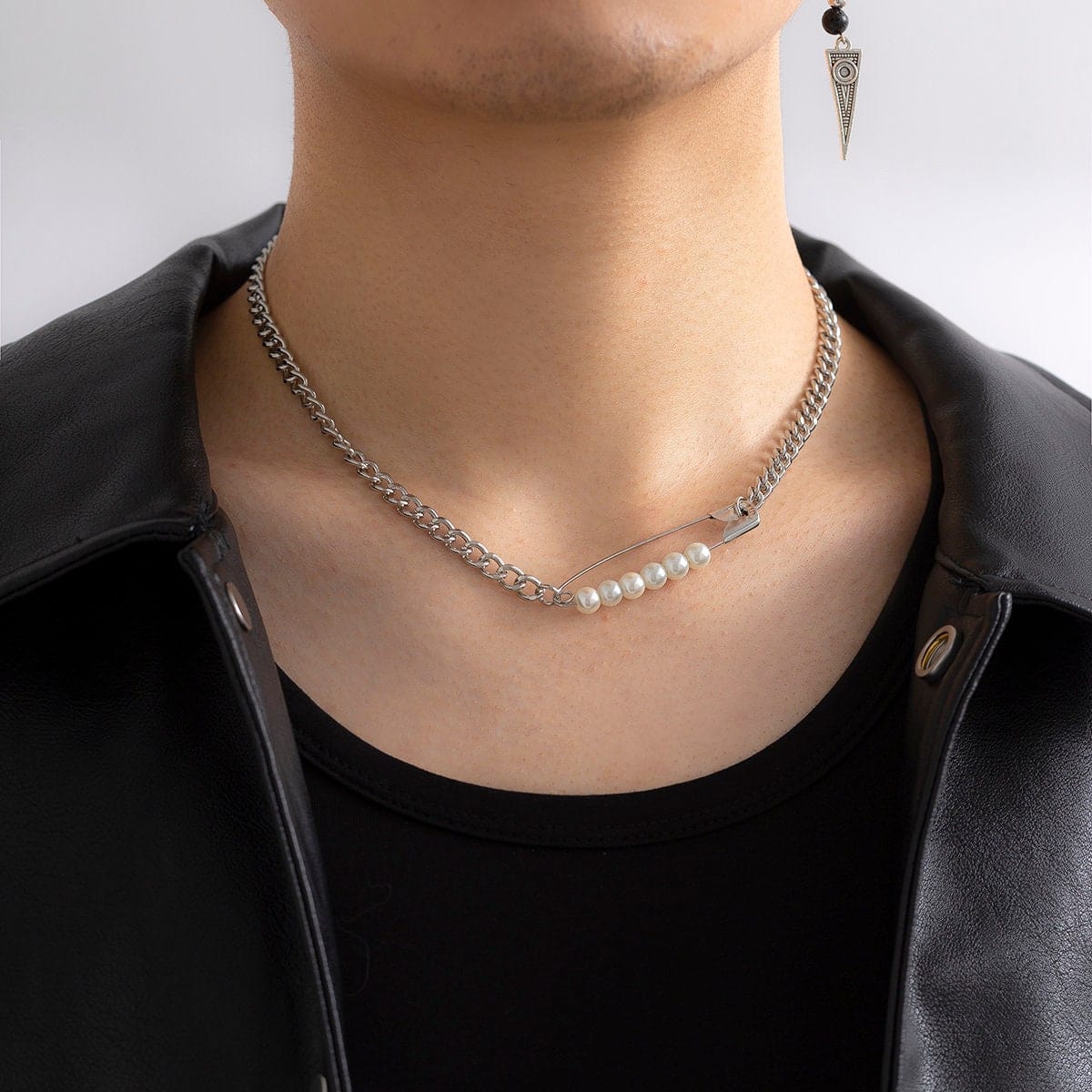 Boho Pin Pearl Charm Curb Chain Choker Necklace - ArtGalleryZen