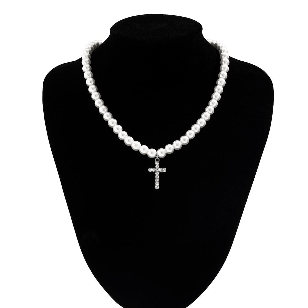 Boho Rhinestone Inlaid Cross Pendant Pearl Chain Choker Necklace - ArtGalleryZen