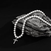 Thumbnail for Boho Rhinestone Inlaid Cross Pendant Pearl Chain Choker Necklace - ArtGalleryZen