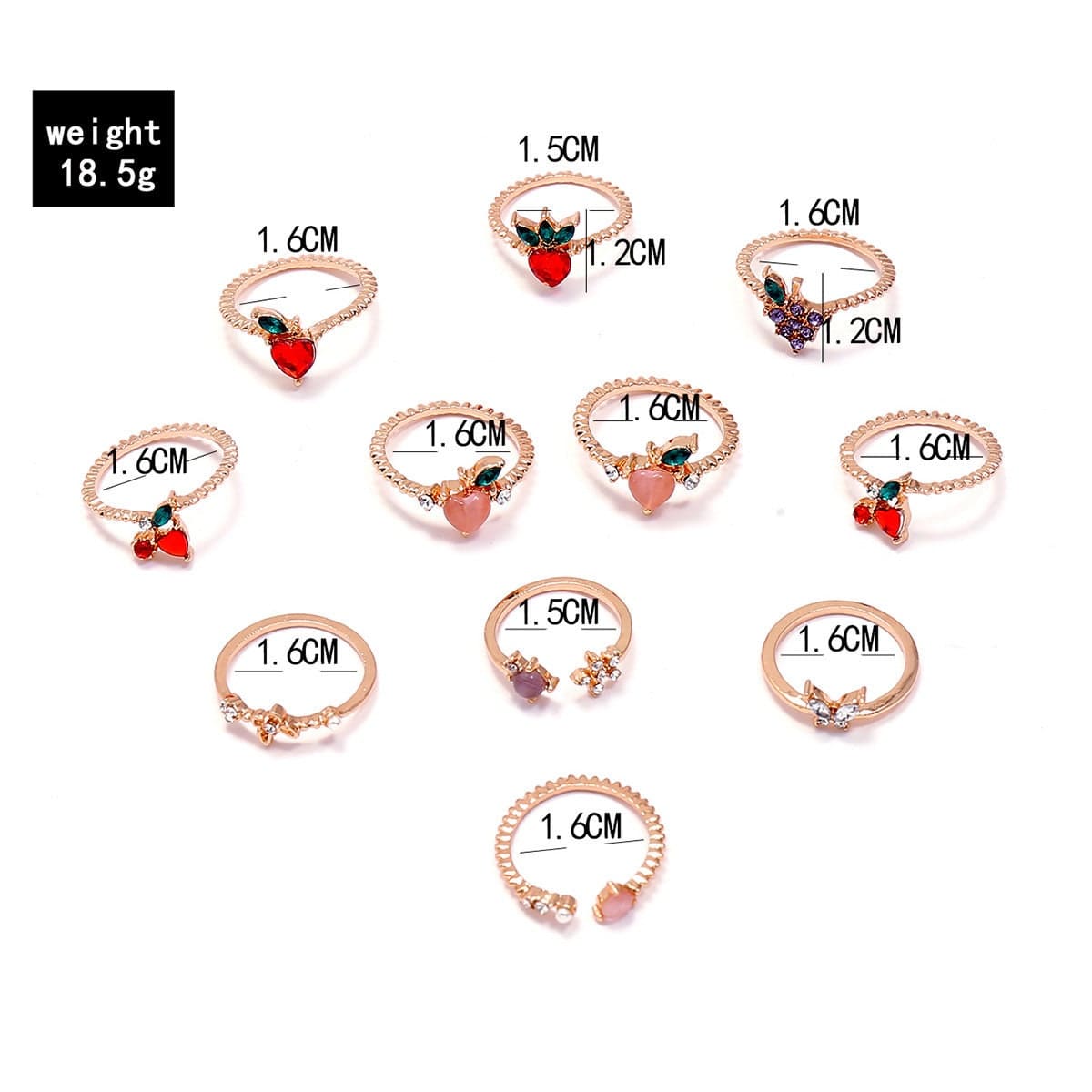 Chic 10 Pieces Colorful Crystal Fruits Rings Set - ArtGalleryZen