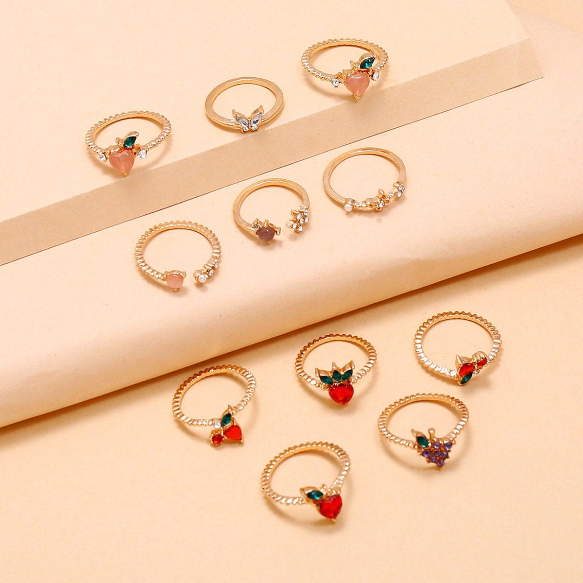 Chic 10 Pieces Colorful Crystal Fruits Rings Set - ArtGalleryZen