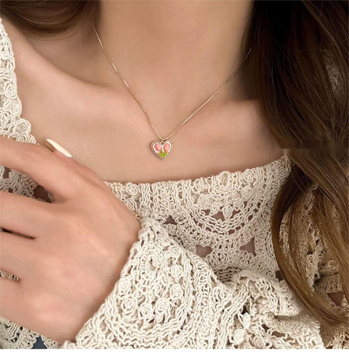 Chic 24K Gold Filled Resin Pink Tulip Heart Pendant Pearl Chain Necklace Earrings Set - ArtGalleryZen