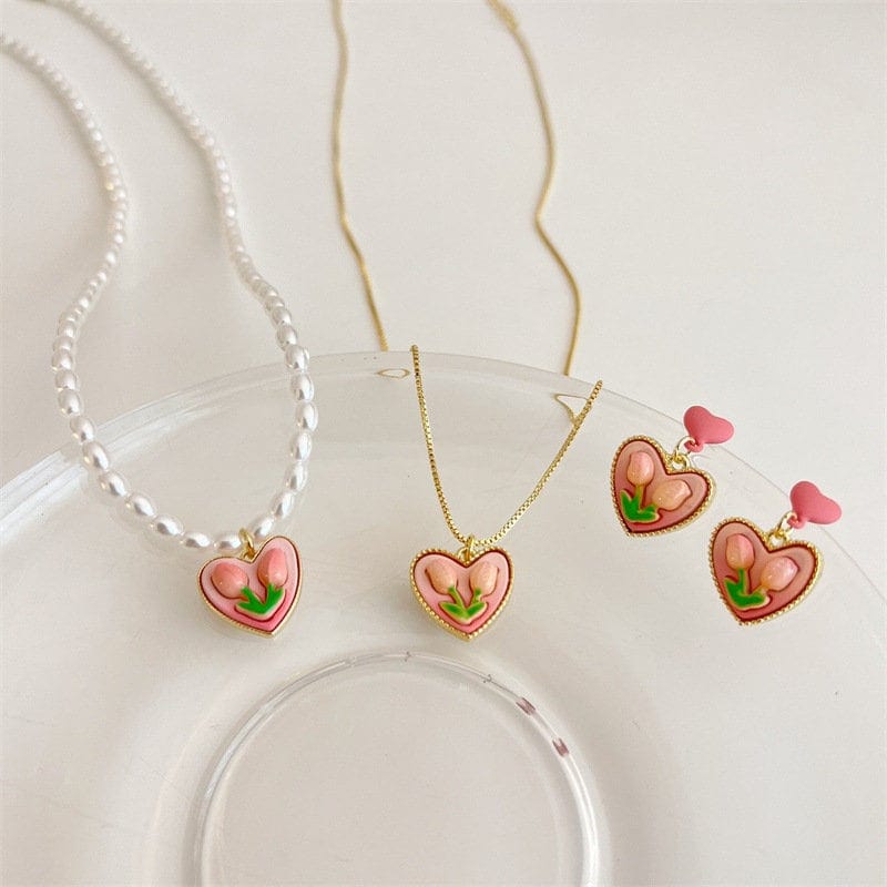 Chic 24K Gold Filled Resin Pink Tulip Heart Pendant Pearl Chain Necklace Earrings Set - ArtGalleryZen