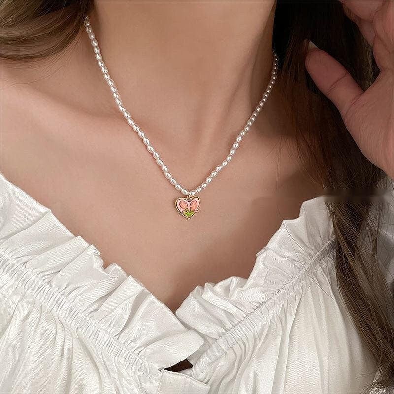 ArtGalleryZen Chic 24K Gold Filled Resin Pink Tulip Heart Pendant Pearl Chain Necklace Earrings Set - Take All 3 Items