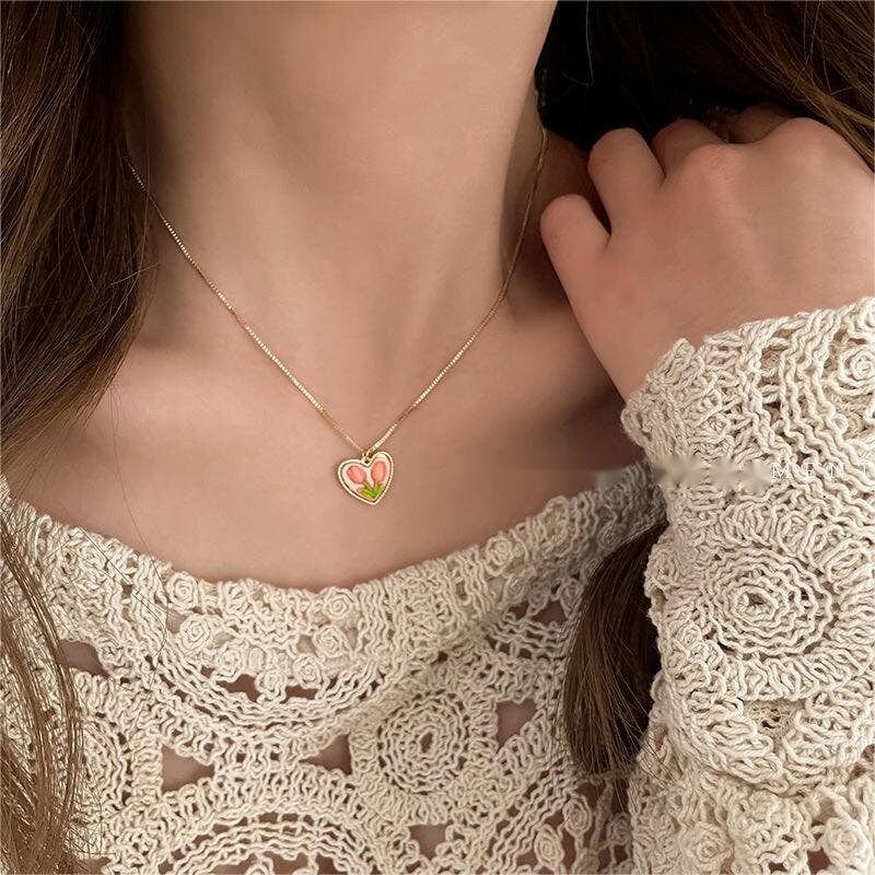 Chic 24K Gold Filled Resin Pink Tulip Heart Pendant Pearl Chain Necklace Earrings Set - ArtGalleryZen