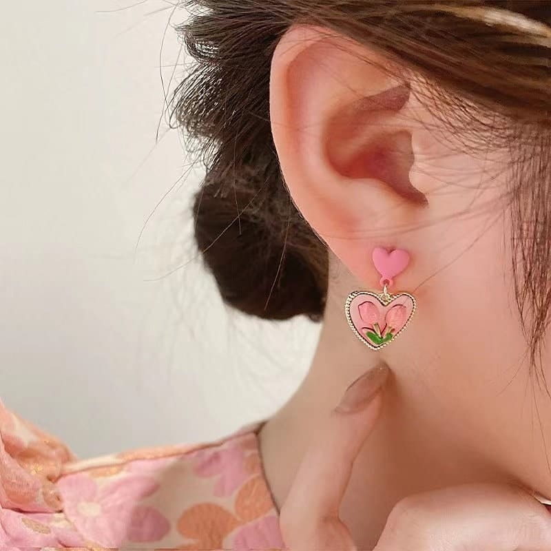Chic 24K Gold Filled Resin Pink Tulip Heart Pendant Pearl Chain Necklace Earrings Set - ArtGalleryZen