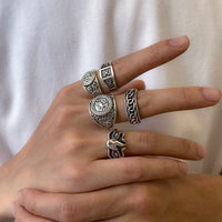Thumbnail for Chic 5 Pieces Antique Silver Tone Embossed Pattern Ring Set - ArtGalleryZen