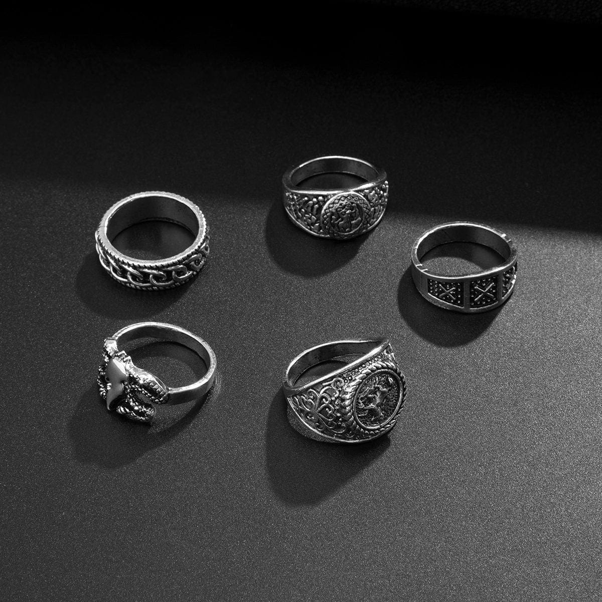 Chic 5 Pieces Antique Silver Tone Embossed Pattern Ring Set - ArtGalleryZen