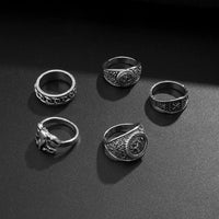 Thumbnail for Chic 5 Pieces Antique Silver Tone Embossed Pattern Ring Set - ArtGalleryZen