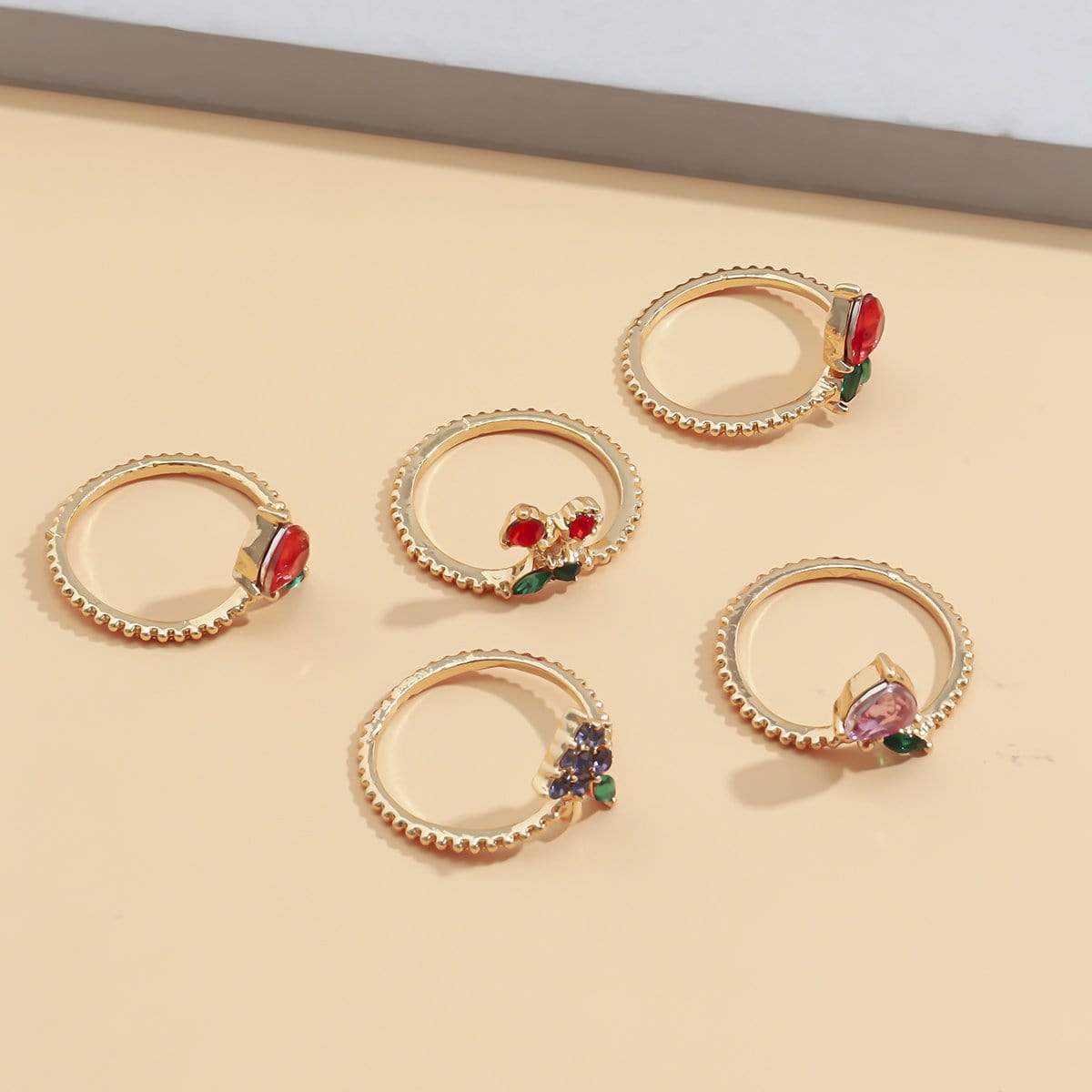 Chic 5 Pieces Colorful Crystal Fruits Rings Set - ArtGalleryZen