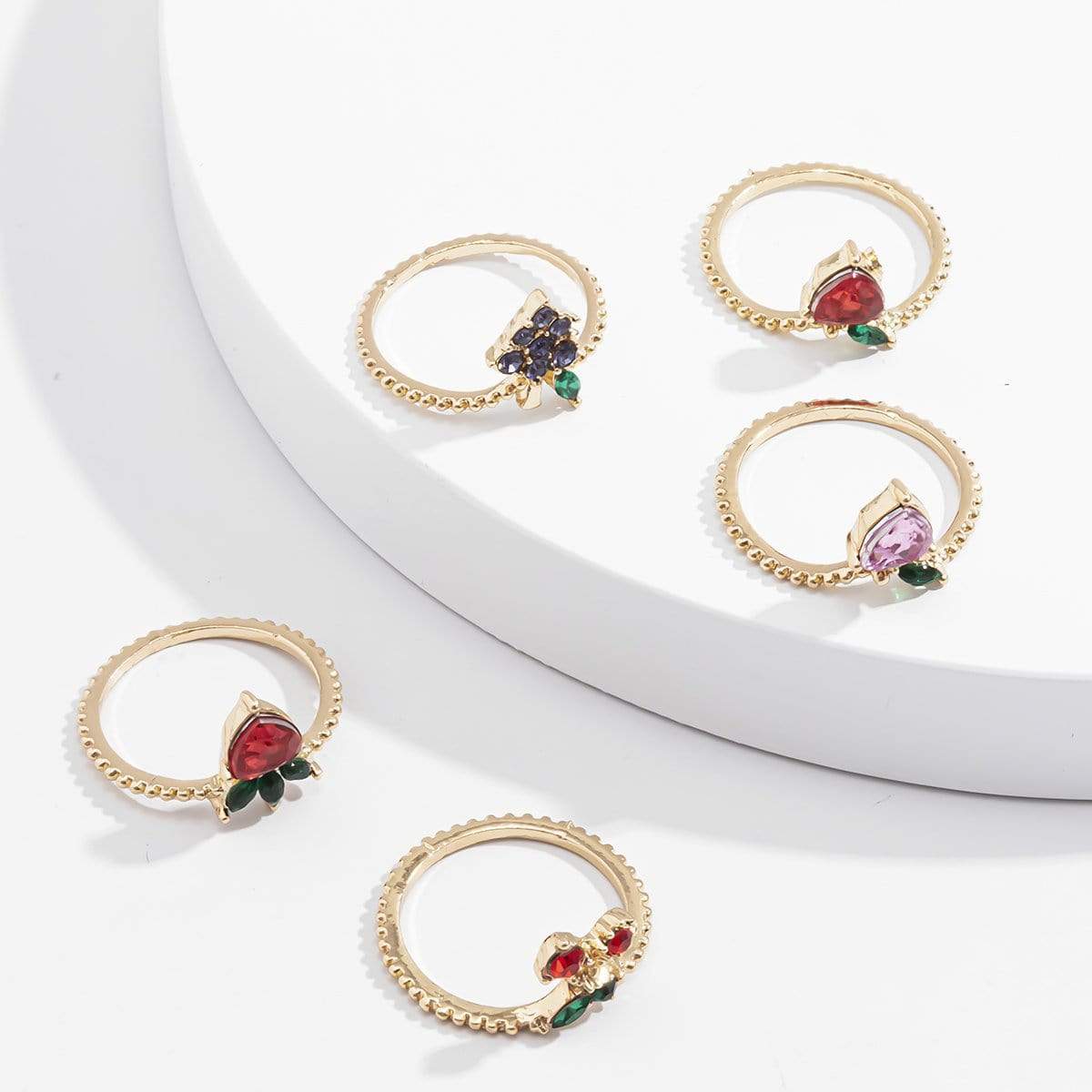 Chic 5 Pieces Colorful Crystal Fruits Rings Set - ArtGalleryZen