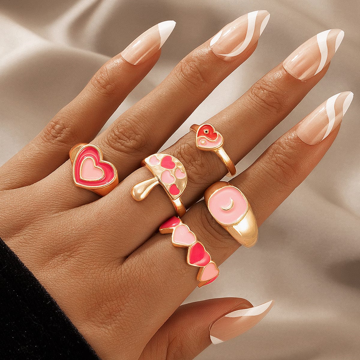Chic 5 Pieces Pink Enamel Heart Ring Set - ArtGalleryZen