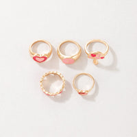 Thumbnail for Chic 5 Pieces Pink Enamel Heart Ring Set - ArtGalleryZen