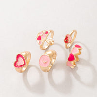 Thumbnail for Chic 5 Pieces Pink Enamel Heart Ring Set - ArtGalleryZen