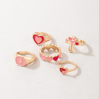 Thumbnail for Chic 5 Pieces Pink Enamel Heart Ring Set - ArtGalleryZen