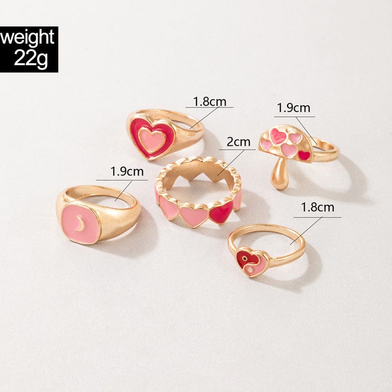 Chic 5 Pieces Pink Enamel Heart Ring Set - ArtGalleryZen
