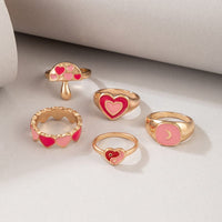 Thumbnail for Chic 5 Pieces Pink Enamel Heart Ring Set - ArtGalleryZen