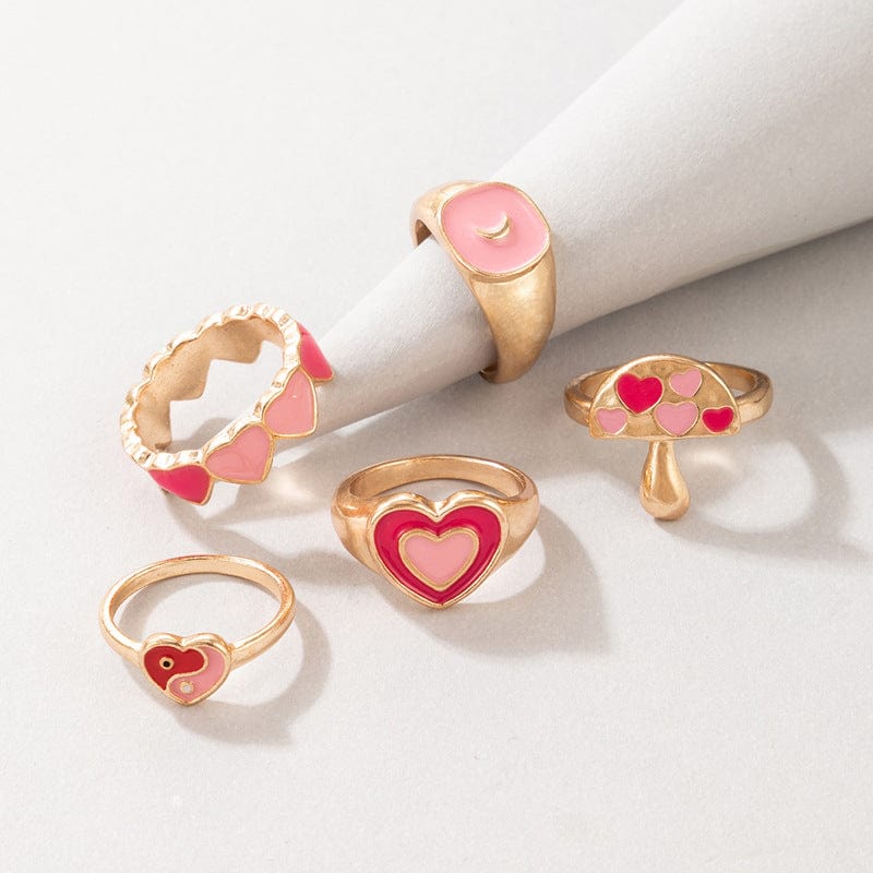 Chic 5 Pieces Pink Enamel Heart Ring Set - ArtGalleryZen