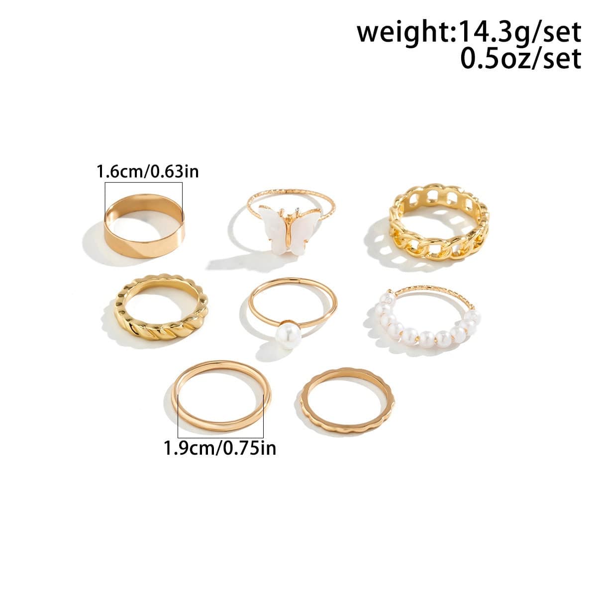 Chic 8 Pieces Butterfly Pearl Charm Stackable Ring Set - ArtGalleryZen