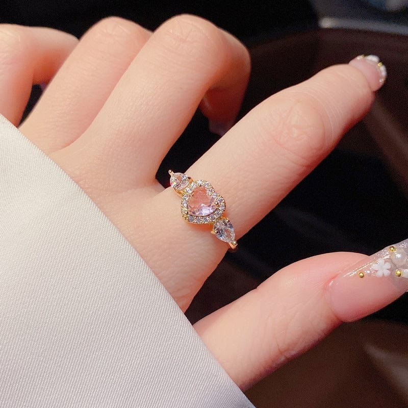 Chic Adjustable Pink Crystal Angel Wings Heart Ring - ArtGalleryZen