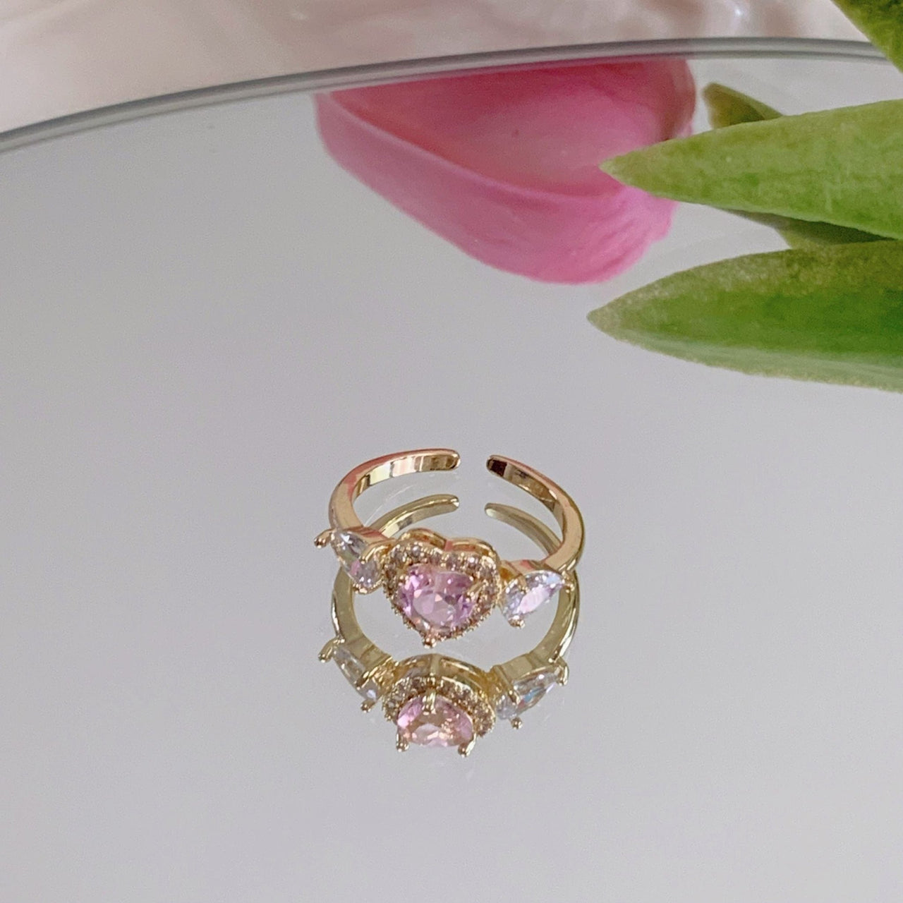 Chic Adjustable Pink Crystal Angel Wings Heart Ring - ArtGalleryZen