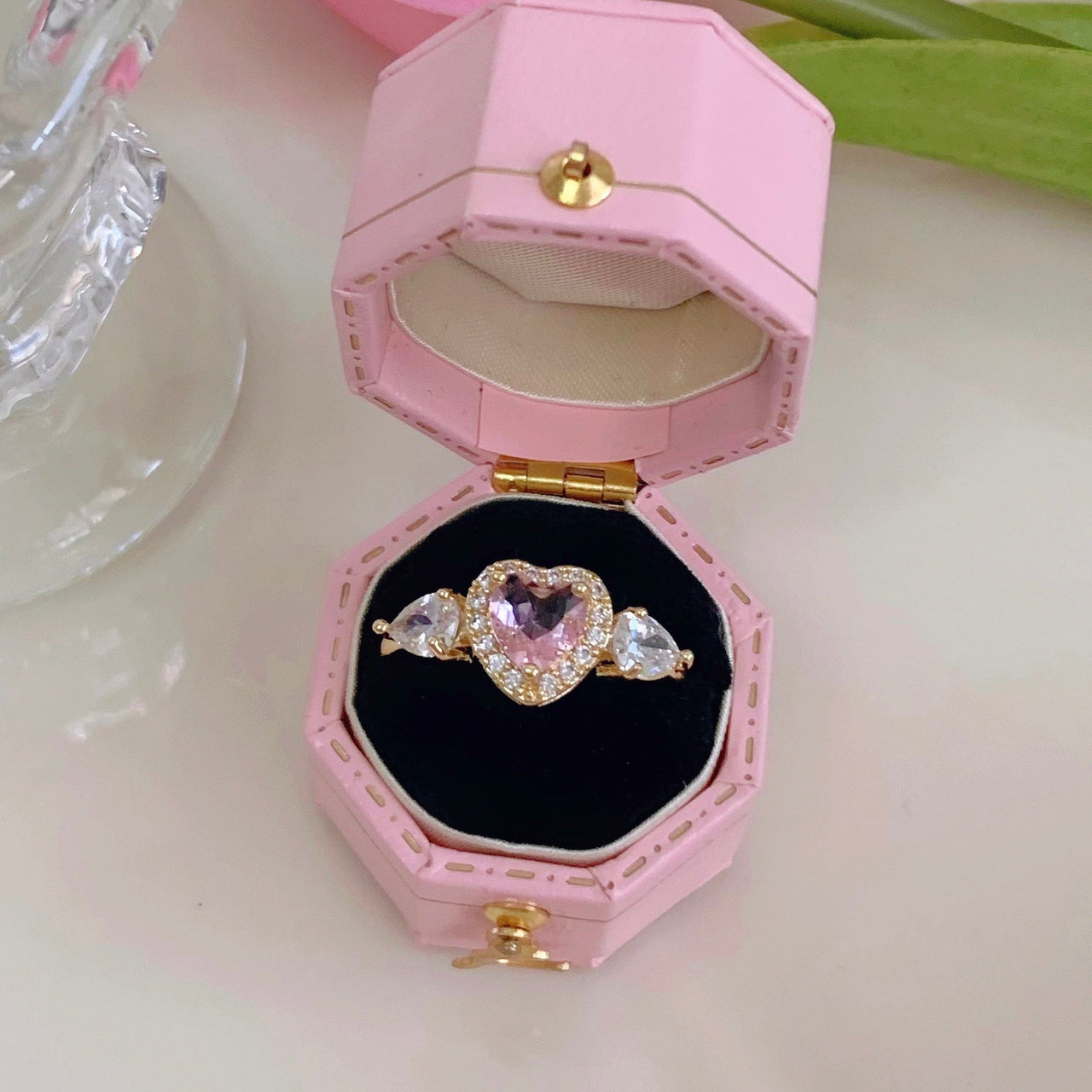 Chic Adjustable Pink Crystal Angel Wings Heart Ring - ArtGalleryZen