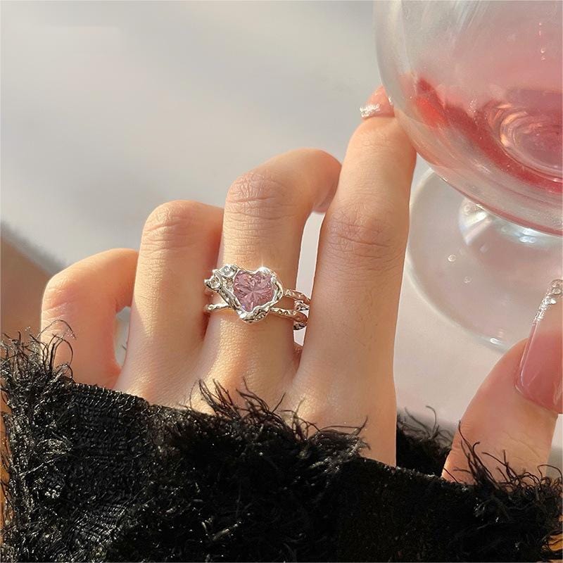 Chic Adjustable Pink Crystal Heart Ring - ArtGalleryZen