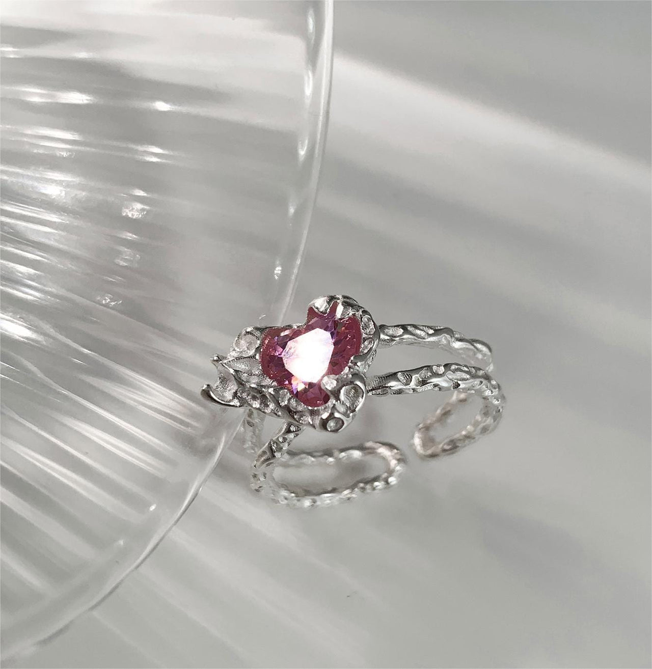Chic Adjustable Pink Crystal Heart Ring - ArtGalleryZen