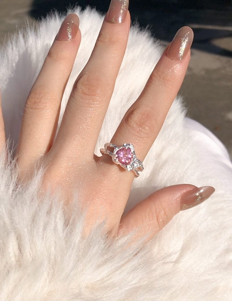 Chic Adjustable Pink Crystal Heart Ring - ArtGalleryZen