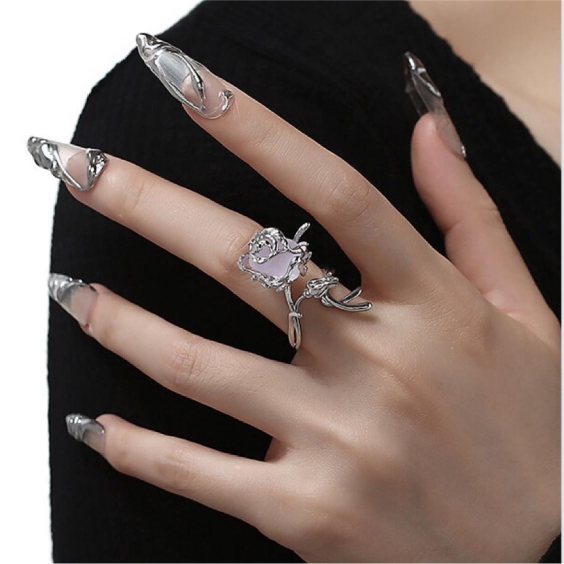 Chic Adjustable Purple Raw Crystal Rose Ring - ArtGalleryZen