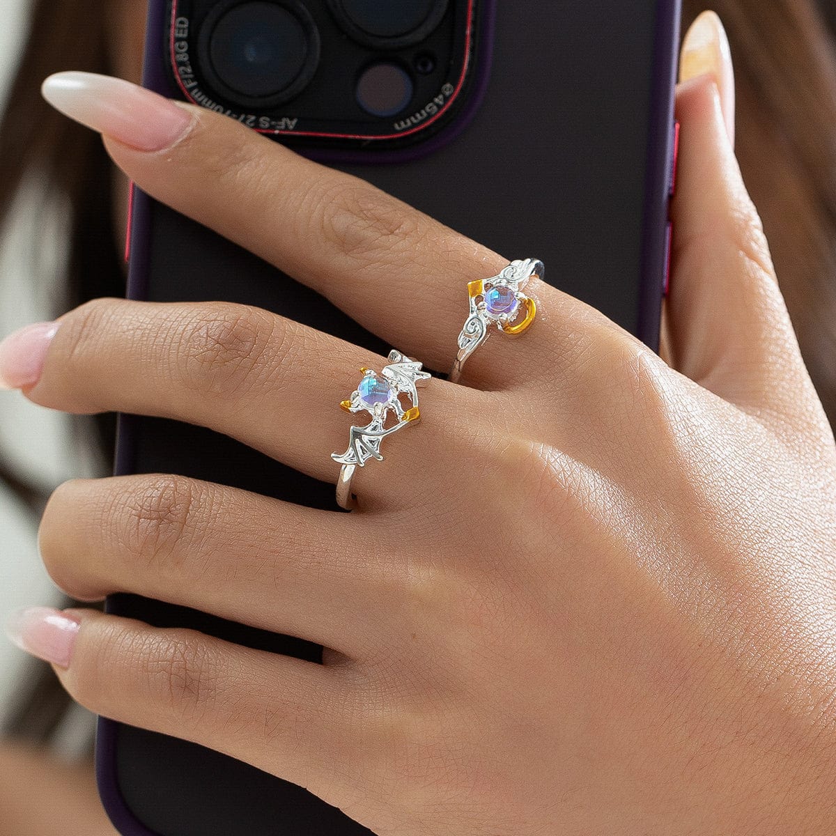 Chic Antique Angel And Devil Matching Opal Ring Set - ArtGalleryZen