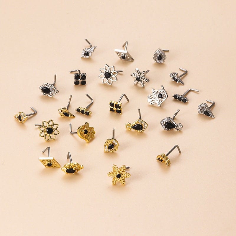 Chic Black CZ Inlaid Stainless Steel Antique Evil Eye Hamsa Nose Piercing Nose Stud - ArtGalleryZen