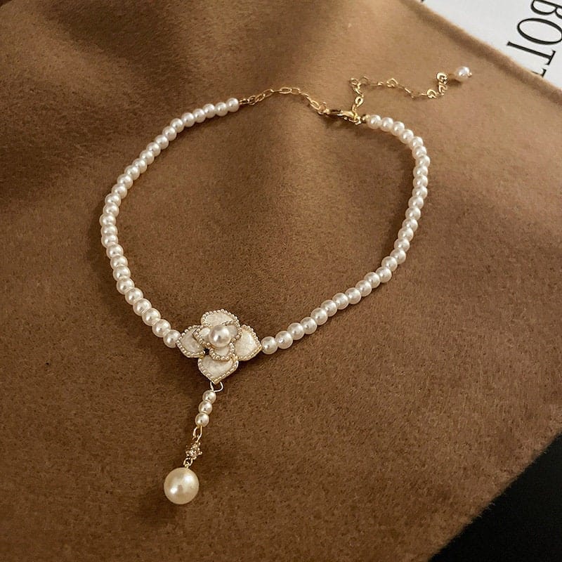 Chic Camellia Pearl Chain Choker Necklace - ArtGalleryZen