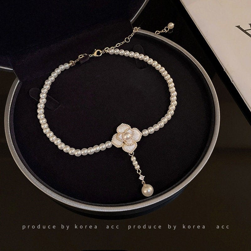 Chic Camellia Pearl Chain Choker Necklace - ArtGalleryZen