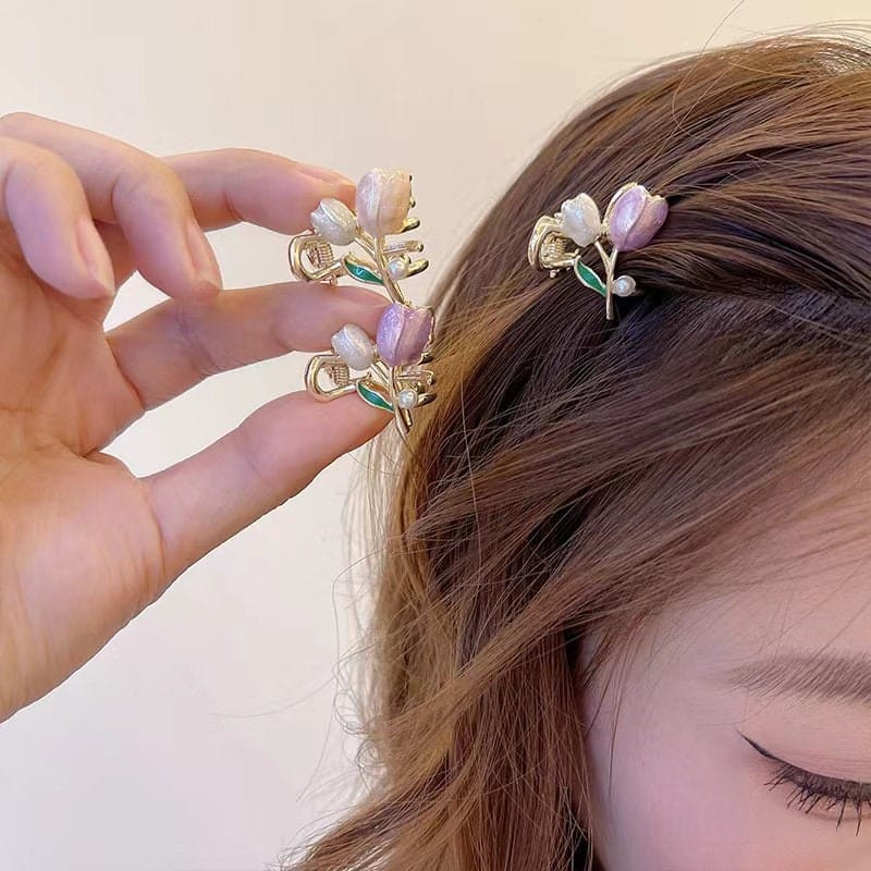 Chic Colorful Enamel Pearl Charm Tulip Hair Clip - ArtGalleryZen
